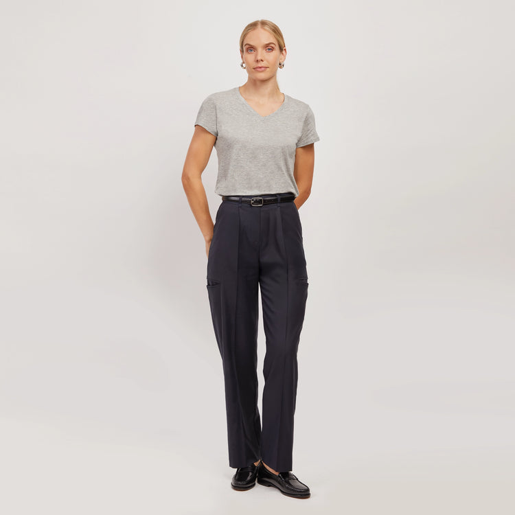 Women wearing Heather Gray Fitted V-Neck Marcy Tee