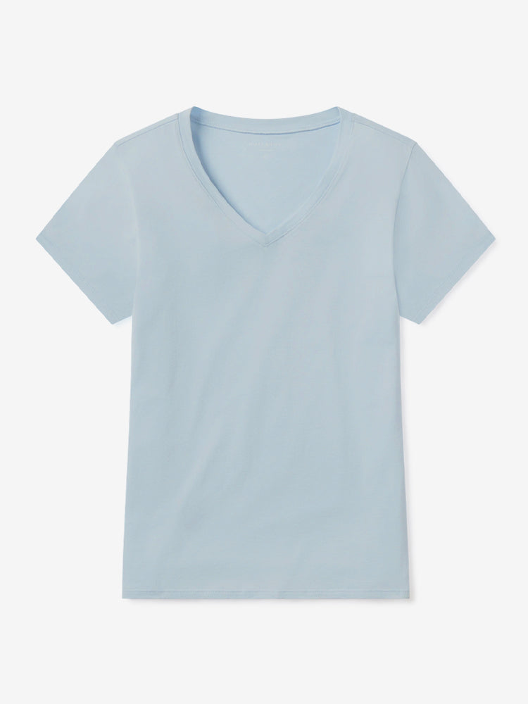 Women wearing Ice Blue Fitted V-Neck Marcy Tee
