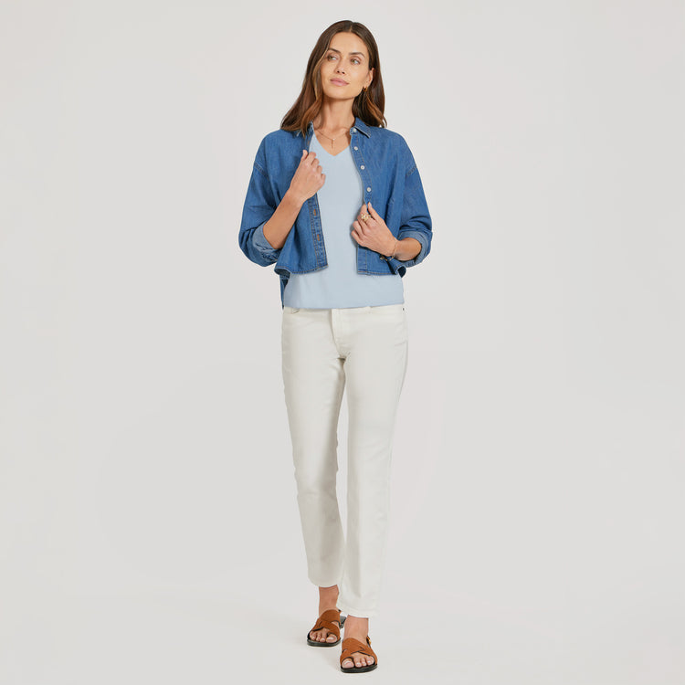 Women wearing Ice Blue Fitted V-Neck Marcy Tee