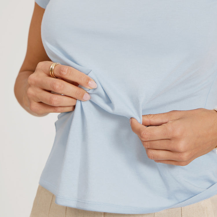 Women wearing Ice Blue Fitted V-Neck Marcy Tee