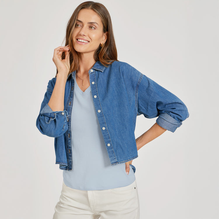 Women wearing Ice Blue Fitted V-Neck Marcy Tee