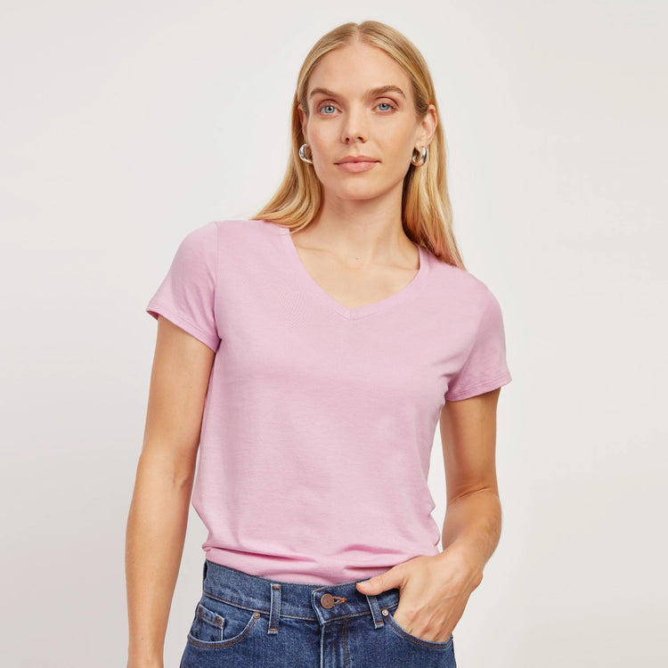 Women wearing White Mott&Bow | Fitted V-Neck Marcy Tee tt