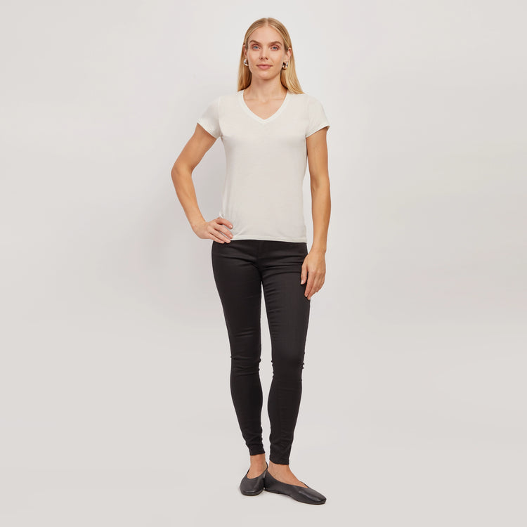 Women wearing Vintage White Fitted V-Neck Marcy Tee