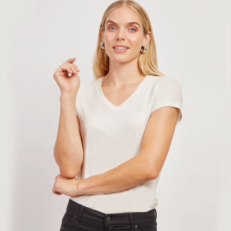 Women wearing Vintage White Fitted V-Neck Marcy Tee