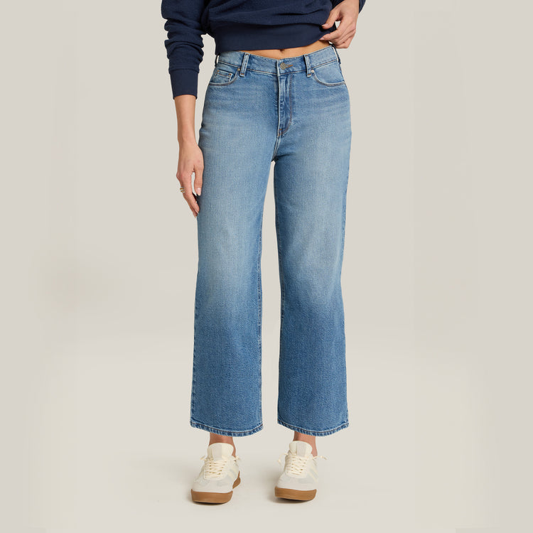 Women wearing Medium Blue High Rise Cropped Straight Leg Gilmore