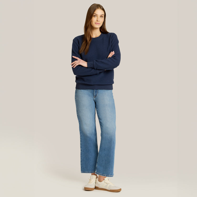 Women wearing Medium Blue High Rise Cropped Straight Leg Gilmore