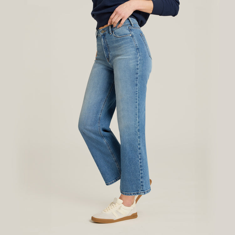 Women wearing Medium Blue High Rise Cropped Straight Leg Gilmore