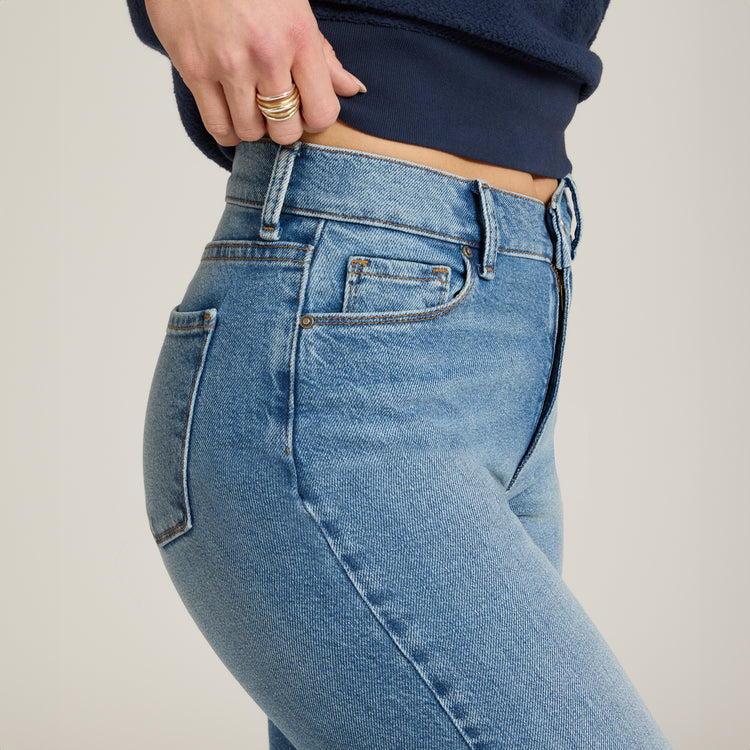 Women wearing Medium Blue High Rise Cropped Straight Leg Gilmore