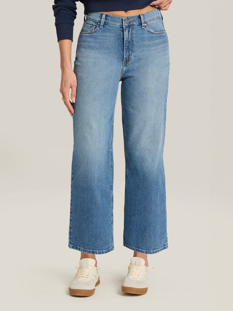 Women wearing Medium Blue High Rise Cropped Straight Leg Gilmore