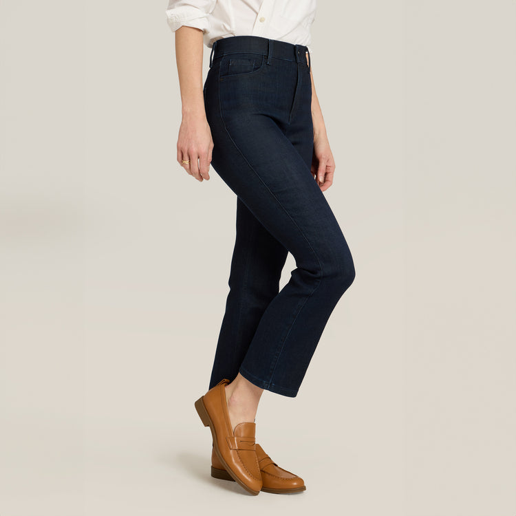 Women wearing Medium/Dark Blue High Rise Miniboot Ankle Jane Jeans
