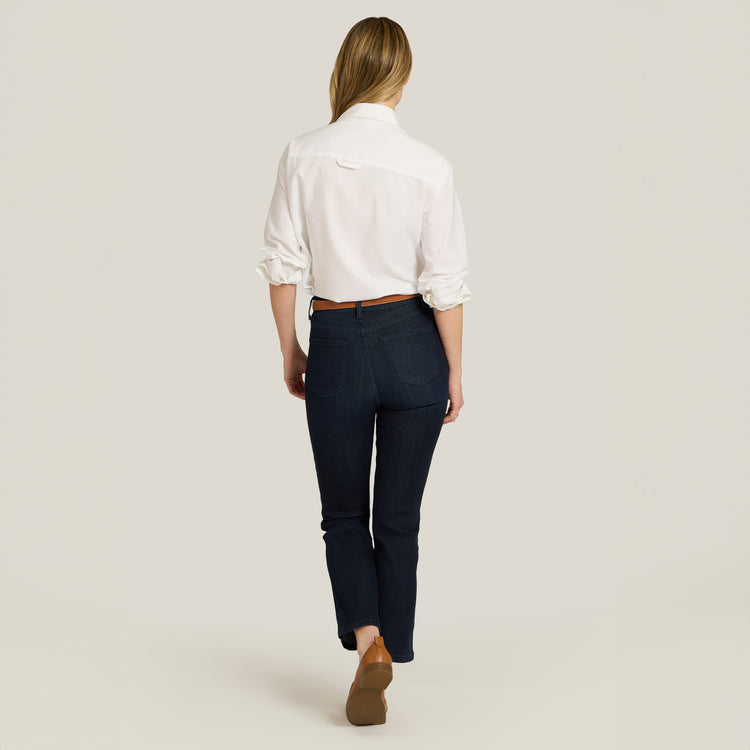 Women wearing Medium/Dark Blue High Rise Miniboot Ankle Jane Jeans