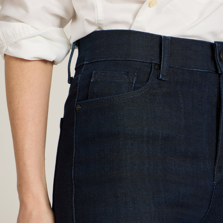 Women wearing Medium/Dark Blue High Rise Miniboot Ankle Jane Jeans