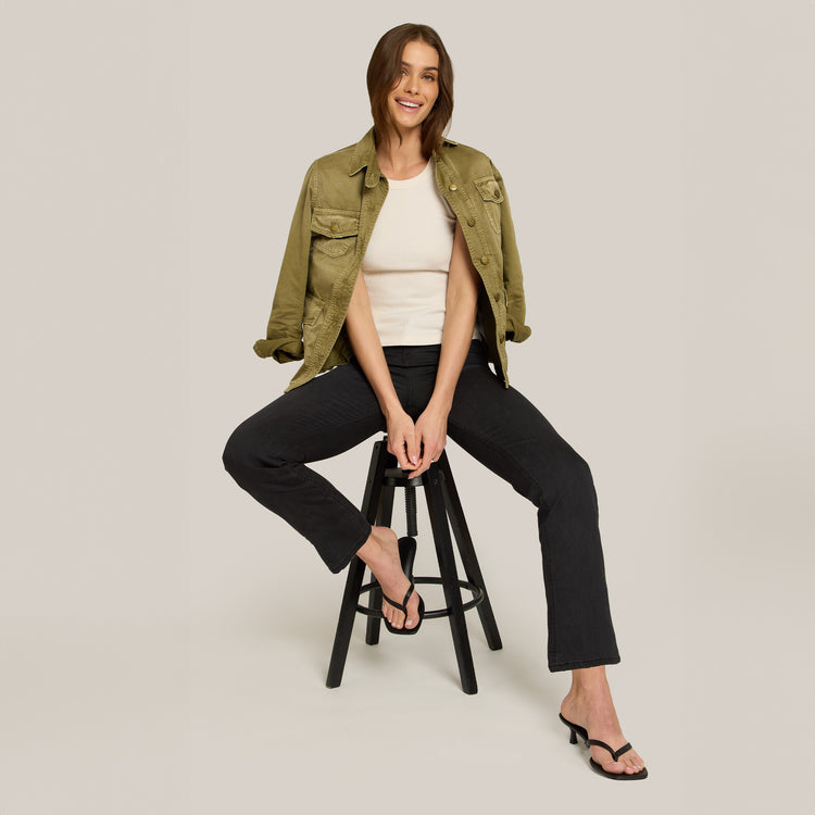 Women wearing Dark Gray High Rise Miniboot Ankle Orchard Jeans