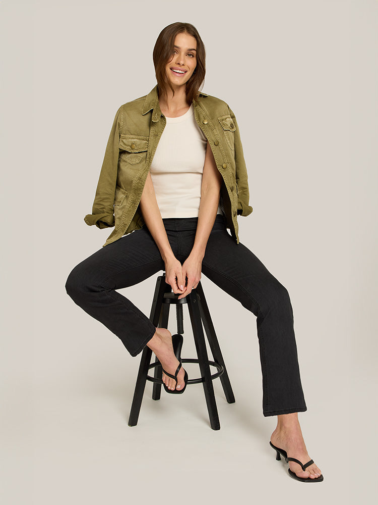 Women wearing Dark Gray High Rise Miniboot Ankle Orchard Jeans