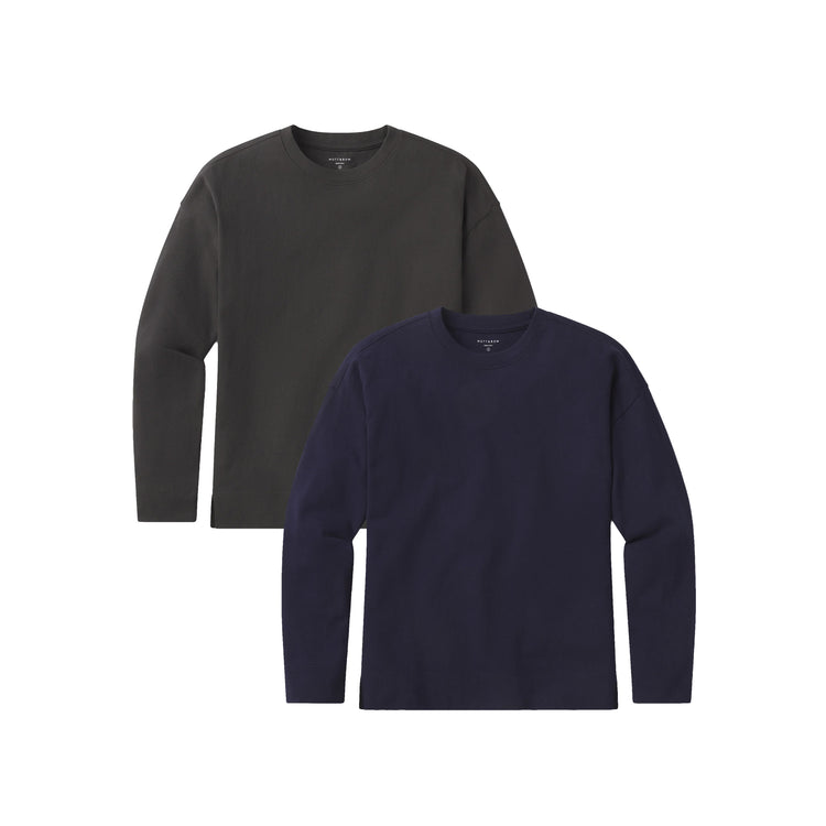 Women wearing Vintage Gray/Vintage Navy Cotton Jersey Oversized Long Sleeve Tee 2-Pack
