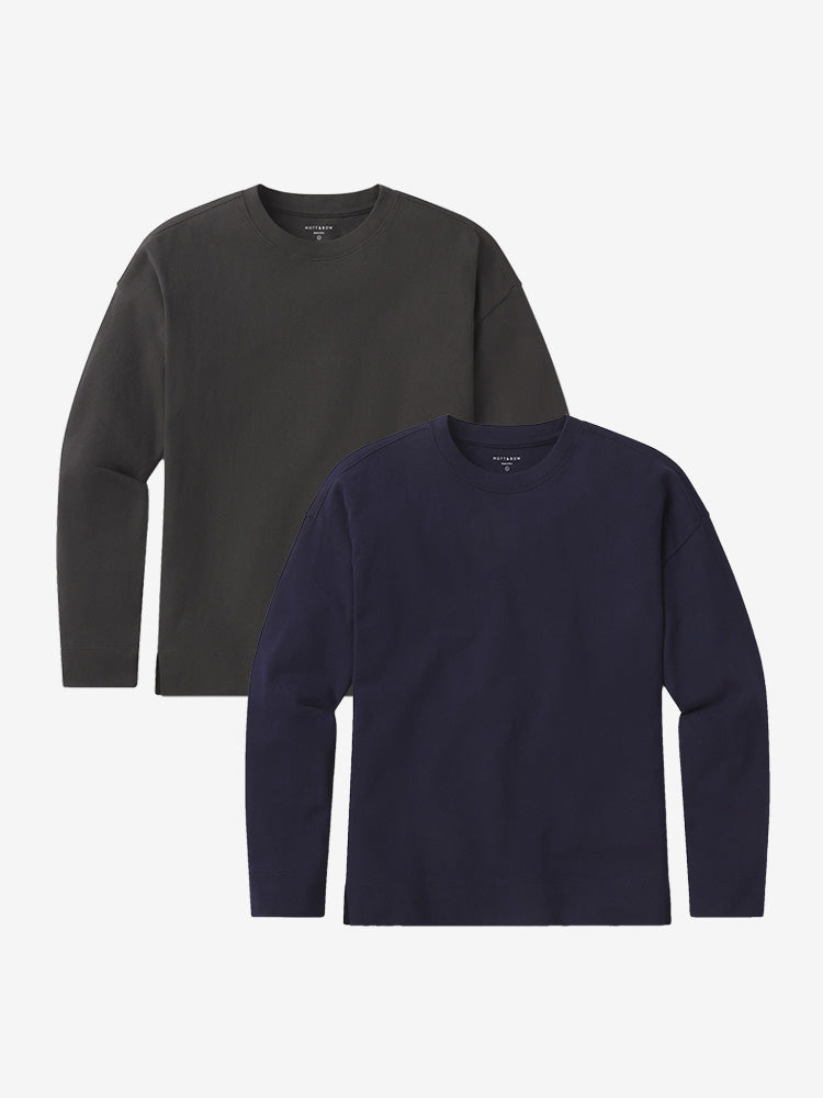 Women wearing Vintage Gray/Vintage Navy Cotton Jersey Oversized Long Sleeve Tee 2-Pack
