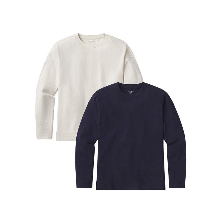 Women wearing Vintage Navy/Vintage White Cotton Jersey Oversized Long Sleeve Tee 2-Pack