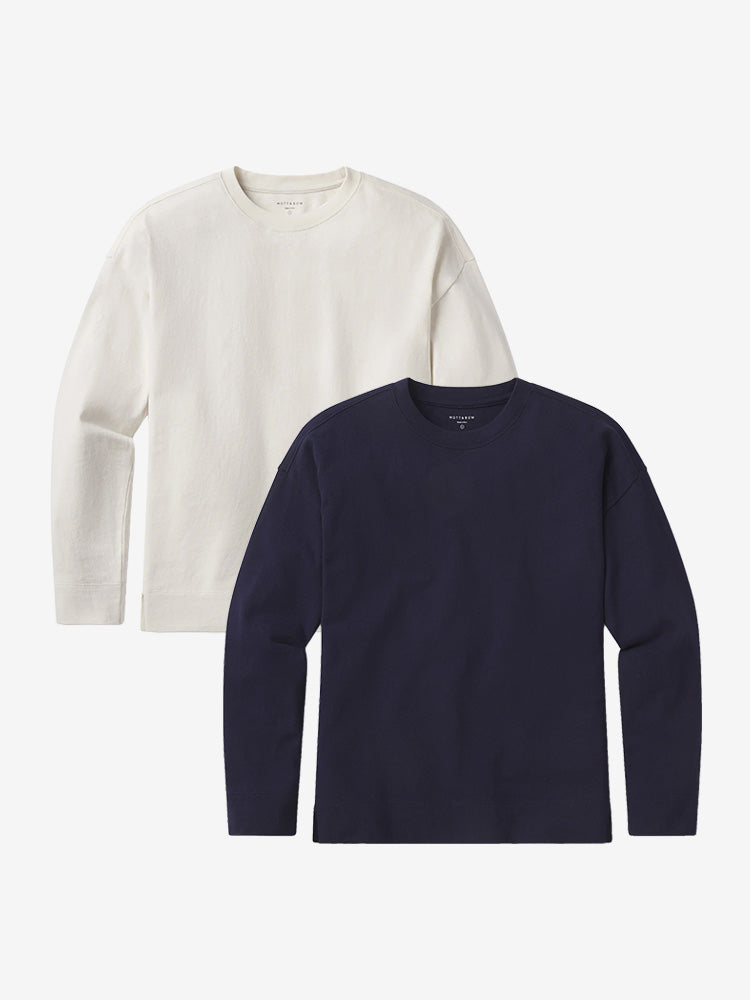 Women wearing Vintage Navy/Vintage White Cotton Jersey Oversized Long Sleeve Tee 2-Pack