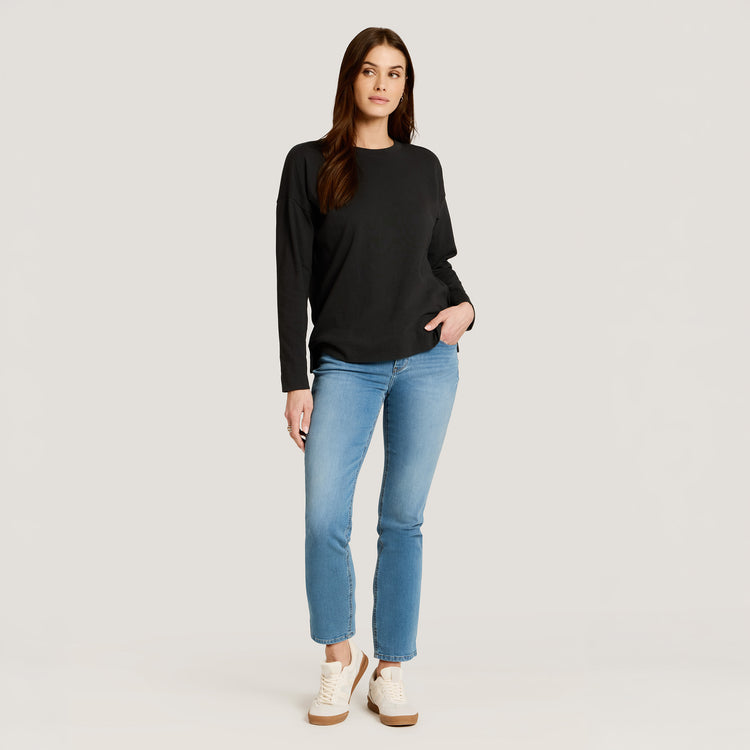 Women wearing Vintage Black Cotton Jersey Oversized Long Sleeve Tee