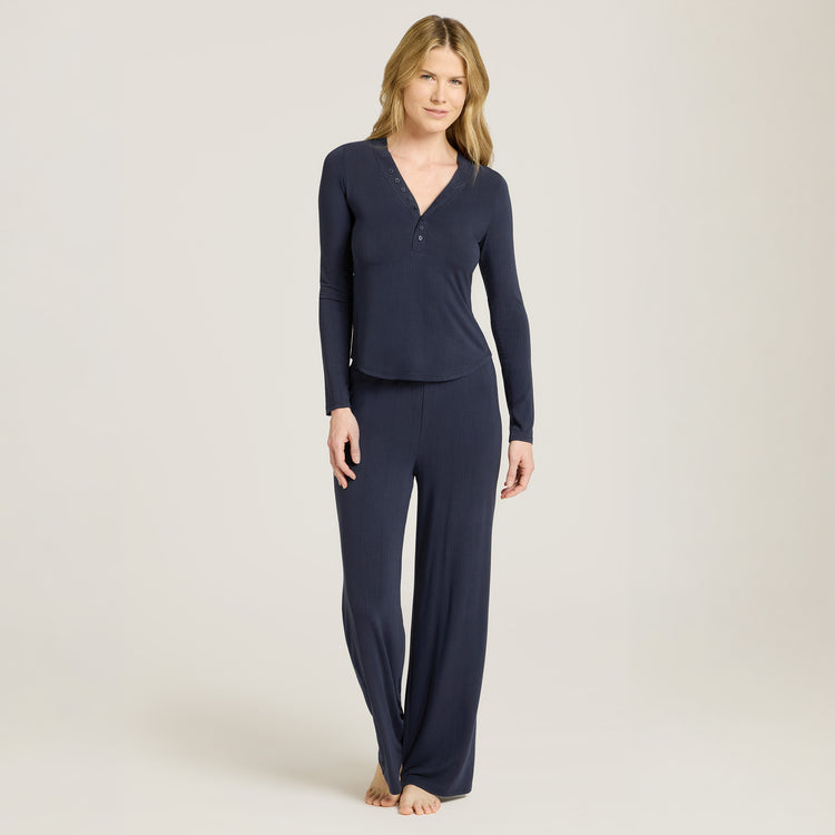 Women wearing Navy Lounge Long Sleeve Henley