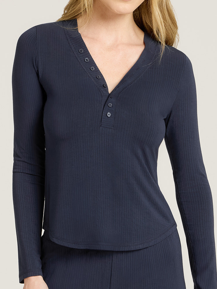 Women wearing Navy Lounge Long Sleeve Henley