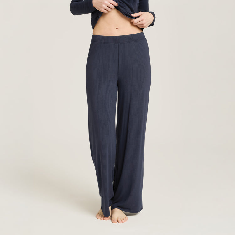 Women wearing Navy Lounge Wide Leg Pants