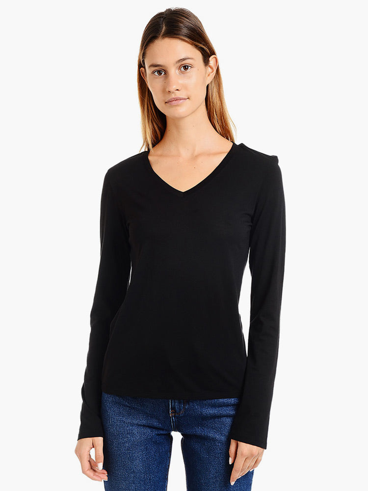 Women wearing Black Long Sleeve V-Neck Marcy