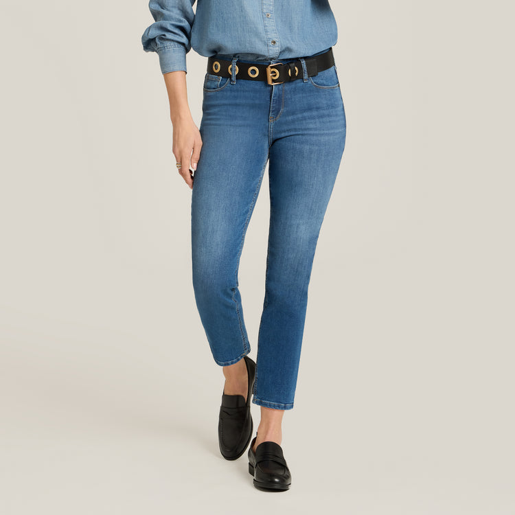 Women wearing Medium Blue Mid Rise Slim Cropped Leg Logan Jeans