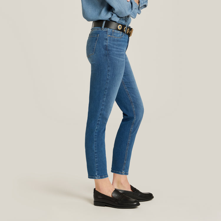Women wearing Medium Blue Mid Rise Slim Cropped Leg Logan Jeans