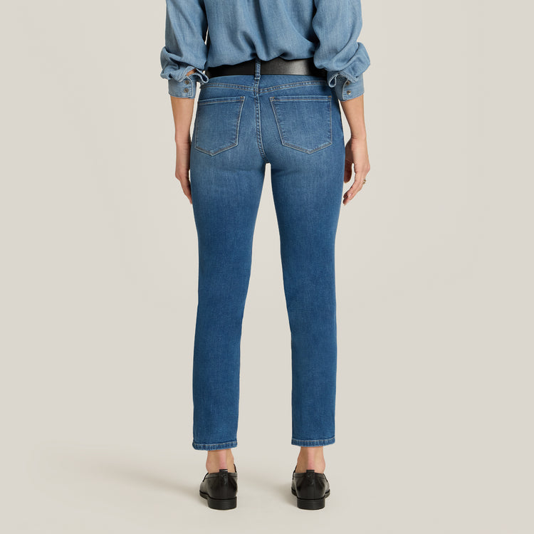 Women wearing Medium Blue Mid Rise Slim Cropped Leg Logan Jeans