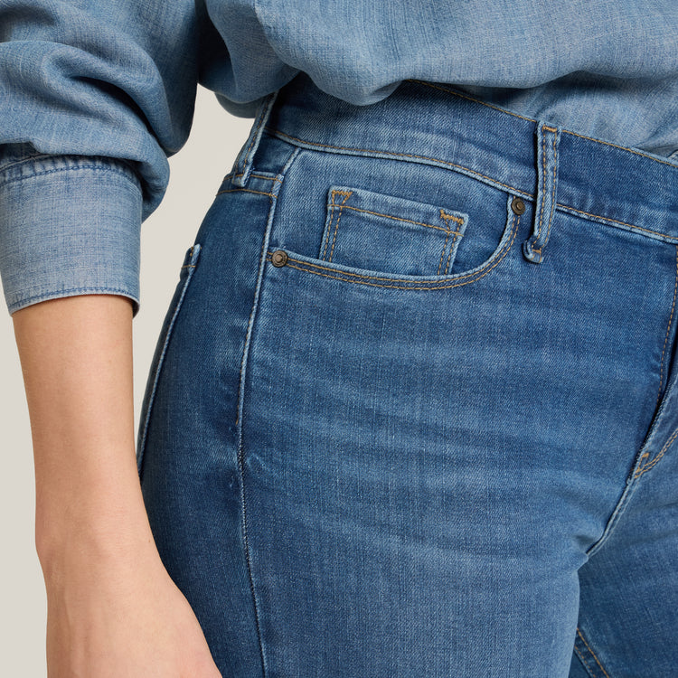 Women wearing Medium Blue Mid Rise Slim Cropped Leg Logan Jeans