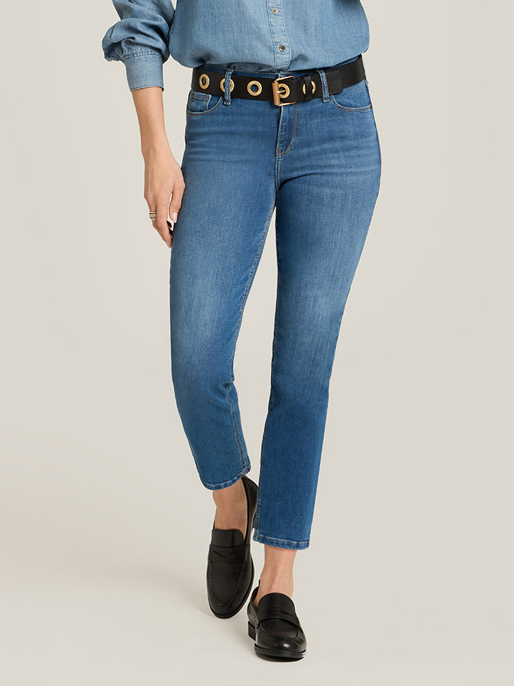 Women wearing Medium Blue Mid Rise Slim Cropped Leg Logan Jeans