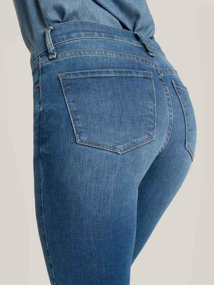 Women wearing Medium Blue Mid Rise Slim Cropped Leg Logan Jeans