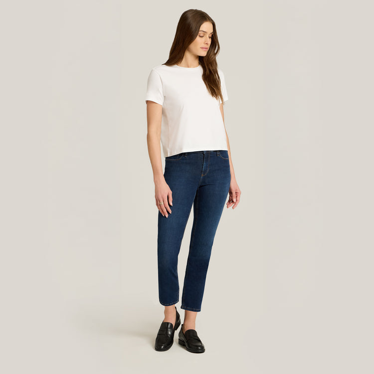 Women wearing Dark Blue Mid Rise Slim Cropped Leg Logan Jeans