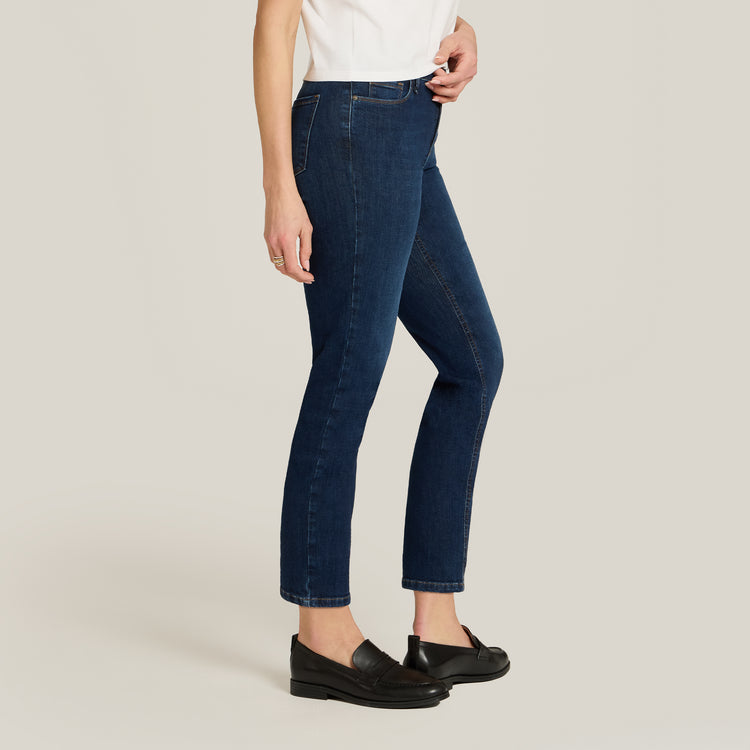 Women wearing Dark Blue Mid Rise Slim Cropped Leg Logan Jeans