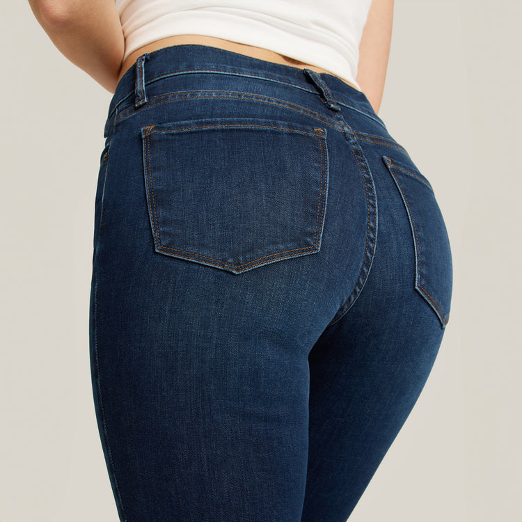 Women wearing Dark Blue Mid Rise Slim Cropped Leg Logan Jeans