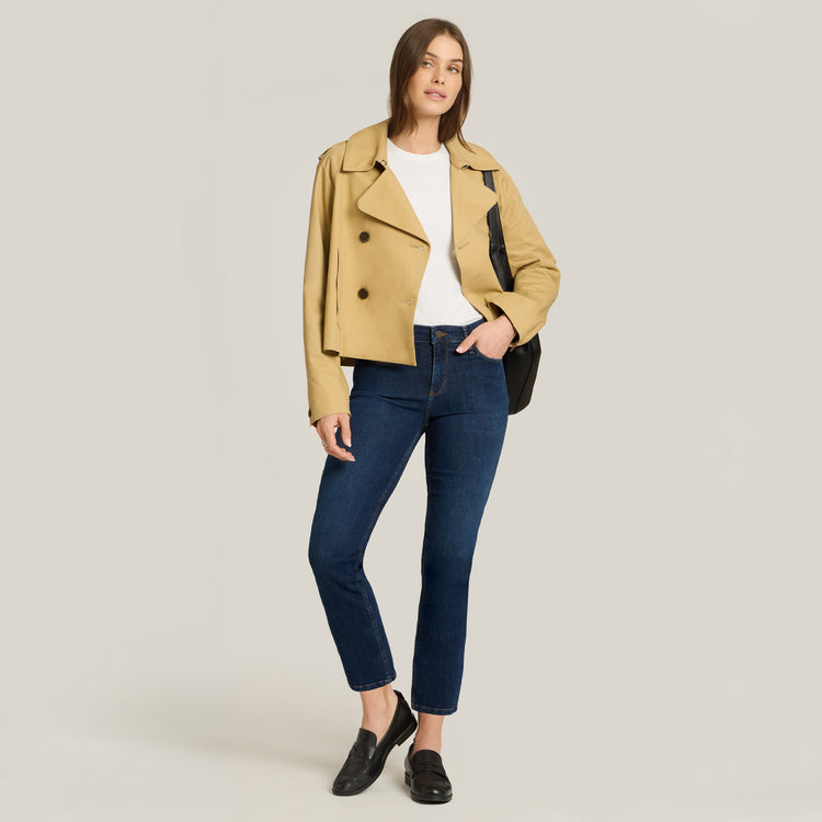 Women wearing Dark Blue Mid Rise Slim Cropped Leg Logan Jeans