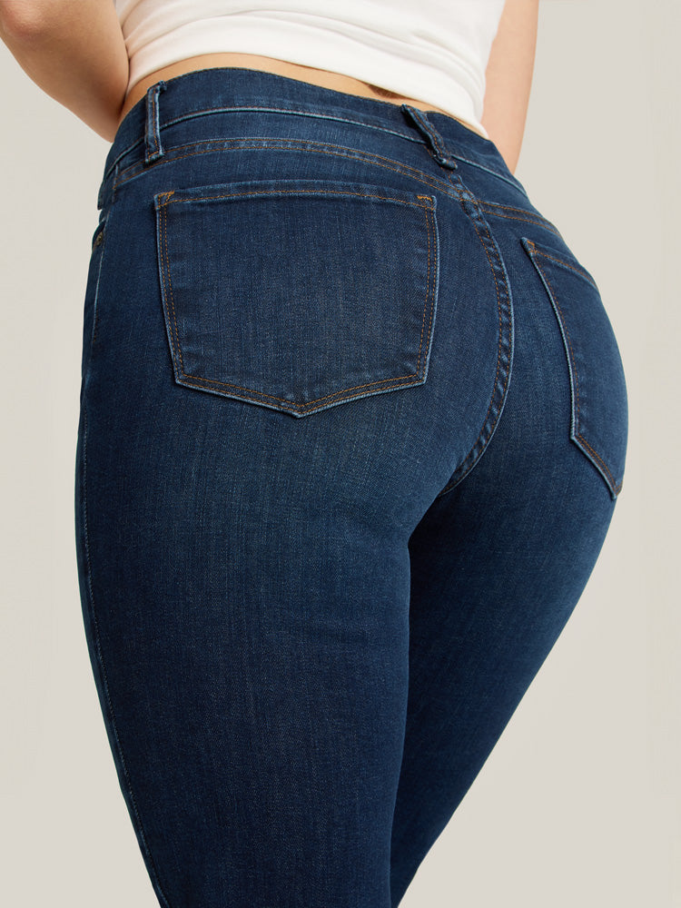 Women wearing Dark Blue Mid Rise Slim Cropped Leg Logan Jeans
