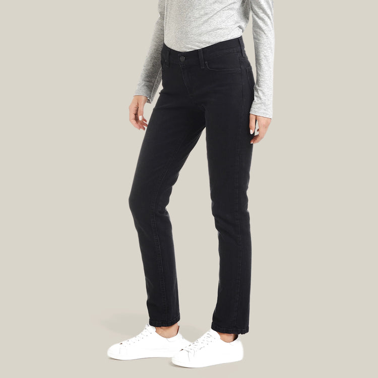 Women wearing Noir délavé Allen Mid Rise Slim Straight Jeans