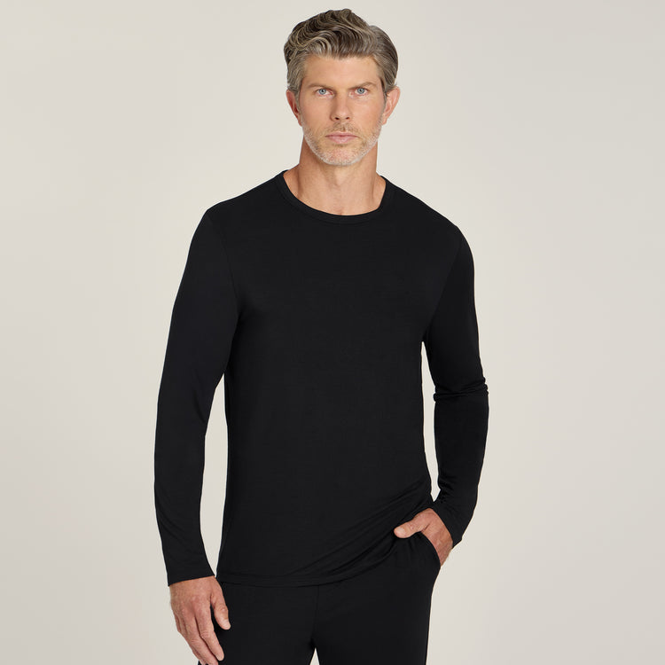 Men wearing Black Unisex Pajama Long Sleeve Crew Neck