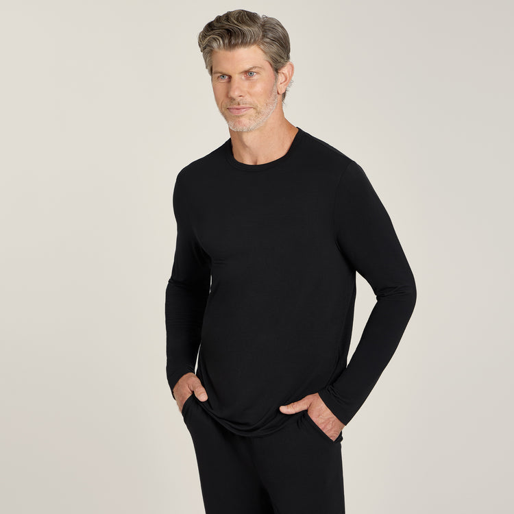 Men wearing Black Pajama Long Sleeve Crew Neck