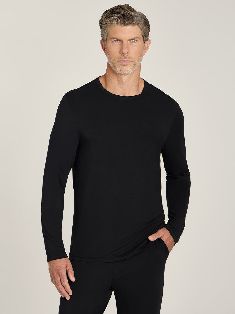 Men wearing Black Unisex Pajama Long Sleeve Crew Neck