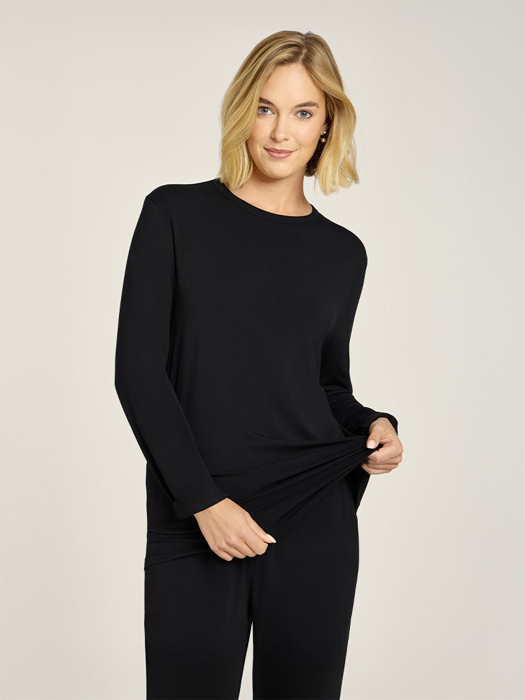 Men wearing Black Unisex Pajama Long Sleeve Crew Neck