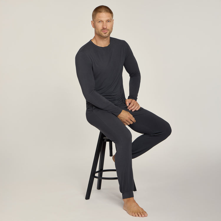 Men wearing Dark Gray Pajama Long Sleeve Crew Neck