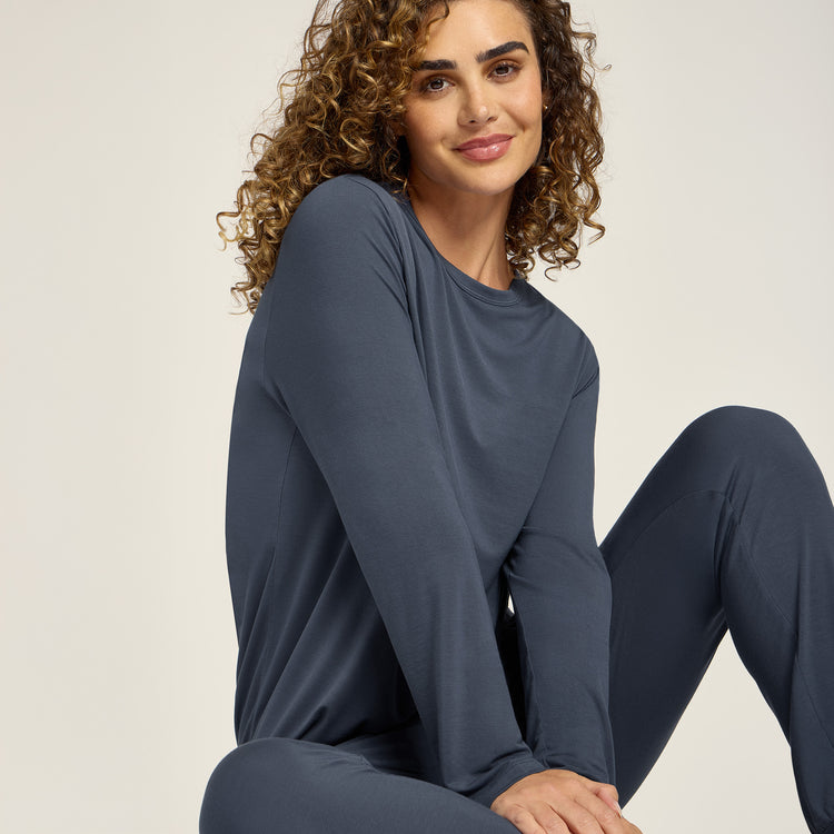 Women wearing Graphite Blue Pajama Long Sleeve Crew Neck
