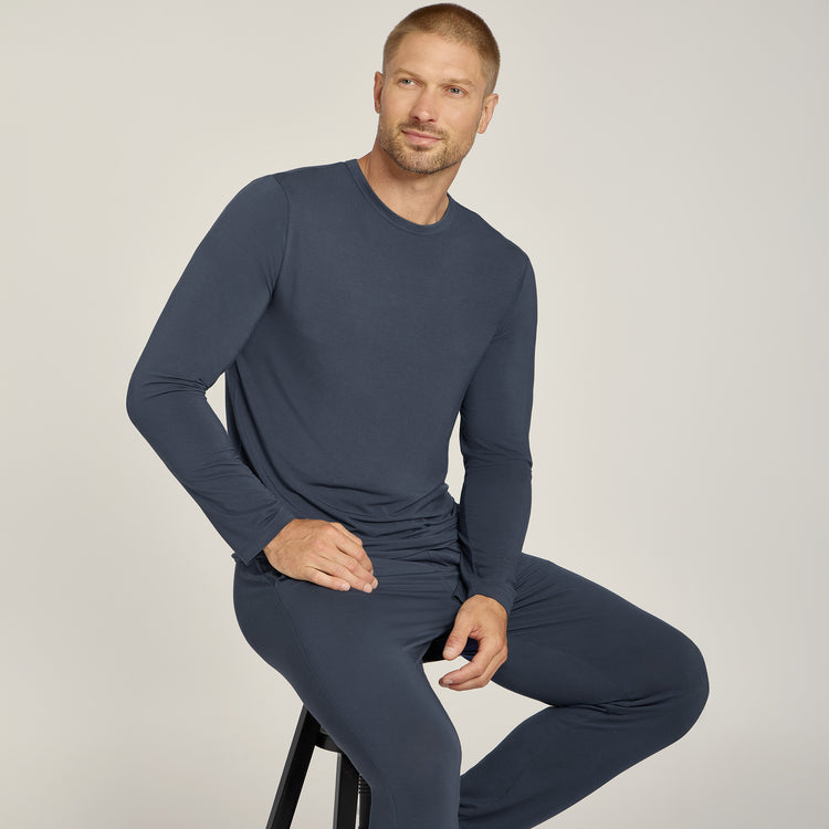 Men wearing Graphite Blue Pajama Long Sleeve Crew Neck