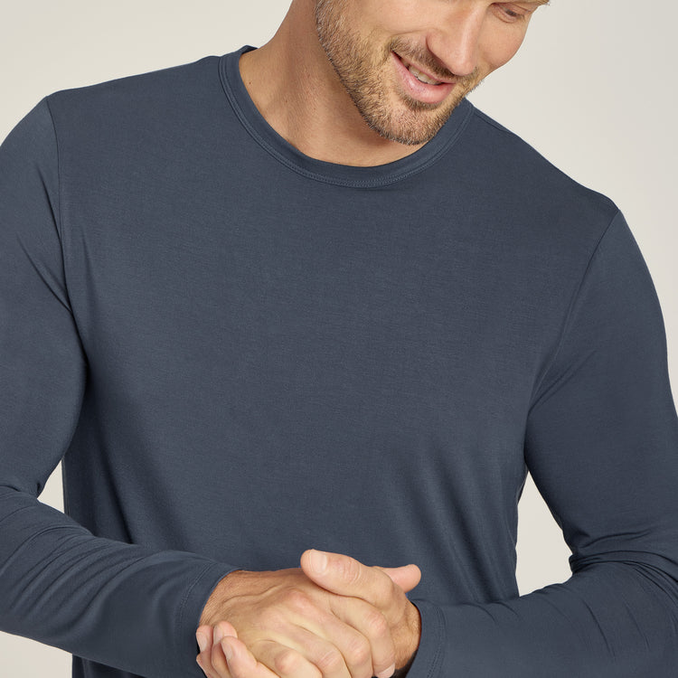 Men wearing Graphite Blue Unisex Pajama Long Sleeve Crew Neck