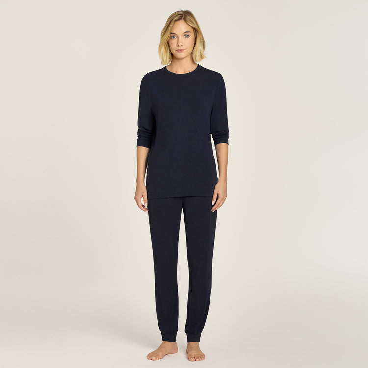 Women wearing Navy Pajama Long Sleeve Crew Neck