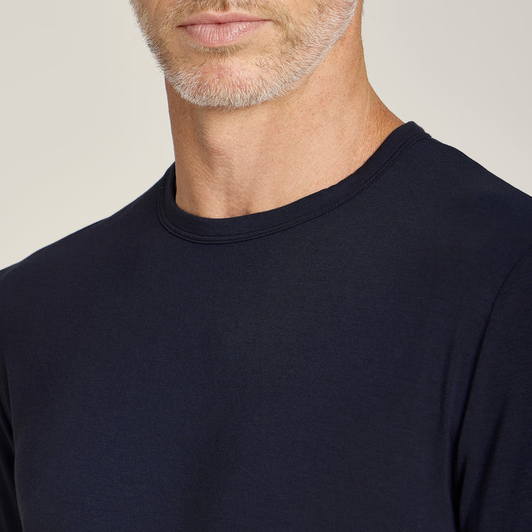 Men wearing Navy Unisex Pajama Long Sleeve Crew Neck