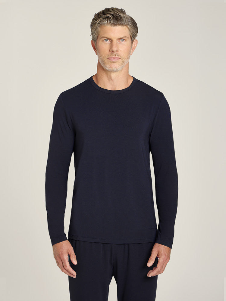 Men wearing Navy Unisex Pajama Long Sleeve Crew Neck